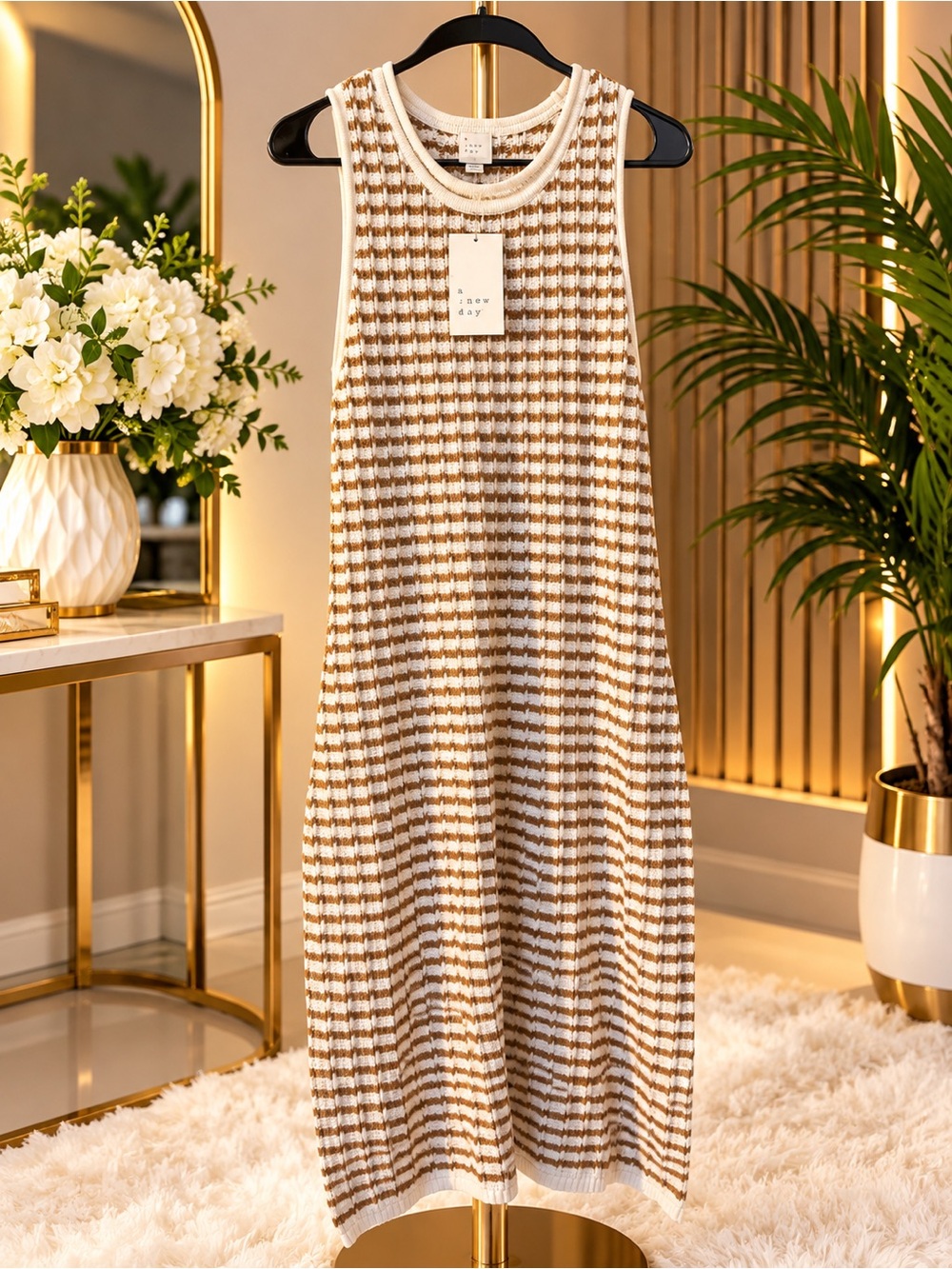 New Day Cream and Brown Striped Knit Tank Dress by